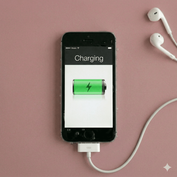 Close-up of a high-capacity internal lithium-ion replacement battery for an iPhone, positioned on a solid light pink background for Atlantis repair services.