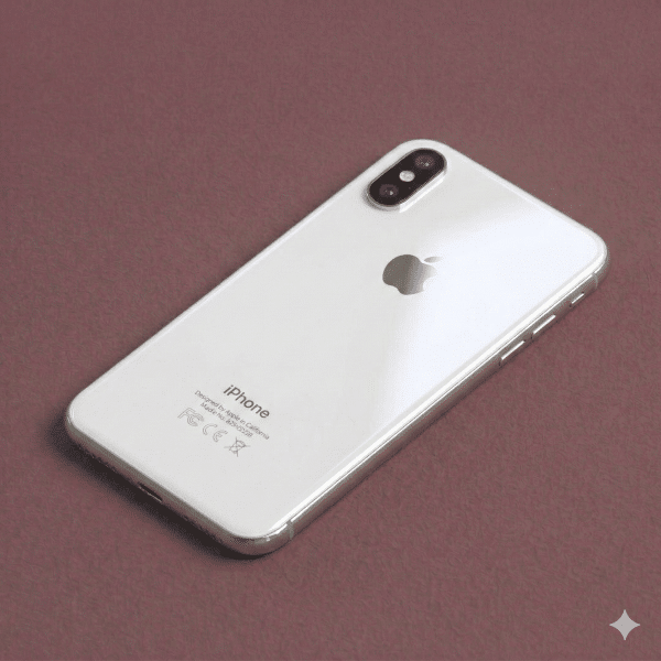 A high-quality replacement rear housing chassis with a glass back panel and integrated frame for the iPhone X, XR, and XS series, shown on a solid light pink background for Atlantis repair services.