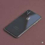 Close-up of a precision-cut sapphire glass replacement rear camera lens for the iPhone X, XR, and XS series, positioned on a solid light pink background for Atlantis repair services.