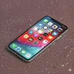 Detailed internal view of an iPhone X series logic board being professionally cleaned of corrosion and liquid residue, positioned on a solid light pink background for Atlantis repair services.