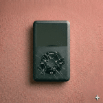 Close-up of a replacement white and black capacitive Click Wheel component for the Apple iPod Classic, positioned on a solid light pink background for Atlantis repair services.