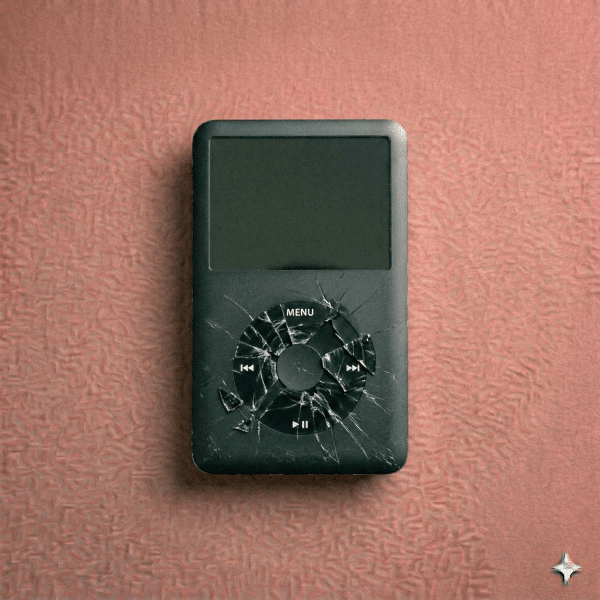 Close-up of a replacement white and black capacitive Click Wheel component for the Apple iPod Classic, positioned on a solid light pink background for Atlantis repair services.