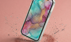 Close-up of a high-quality replacement Super Retina XDR OLED display assembly for the Apple iPhone 12, positioned on a solid light pink background for Atlantis repair services.