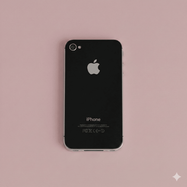 Close-up of the rear glass panel of an Apple iPhone 4, showcasing the smooth glass finish and Apple logo on a solid light pink background for Atlantis repair services.