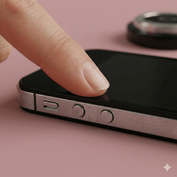 Close-up of the circular volume up and down buttons on the side of an Apple iPhone 4, set against a solid light pink background for Atlantis repair services.