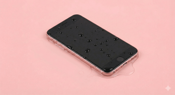 Professional studio photograph of a silver iPod Touch with water droplets on the black screen and sitting in a small puddle, set against a solid light pink background, representing liquid damage repair services at Atlantis.
