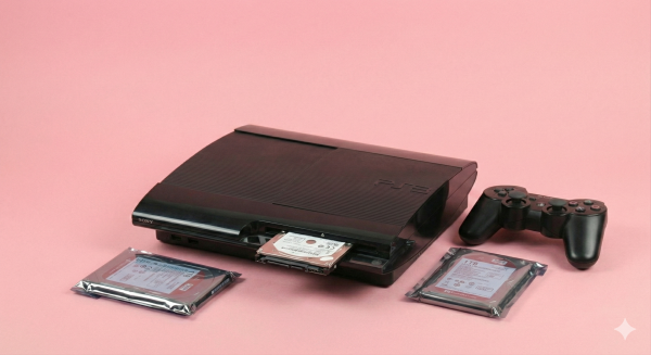 Professional studio photograph of a black PlayStation 3 Super Slim console with a 2.5-inch hard drive partially inserted into the drive bay, featuring replacement drives in anti-static packaging on a light pink background.