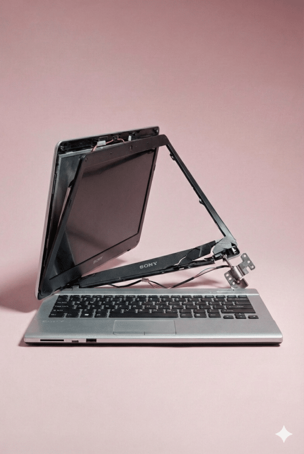 Professional studio photograph of a silver Sony laptop with a severely broken hinge and detached screen, showing exposed internal wiring and casing damage against a light pink background.