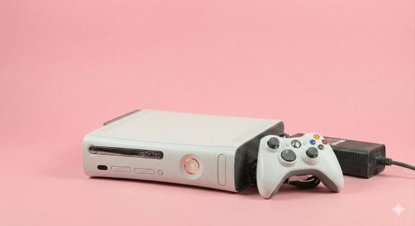 Professional studio photograph of a white original Xbox 360 console displaying the Red Ring of Death (RROD) error with three red lights on the power button, set against a light pink background.