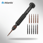 Professional 12-piece mobile phone screwdriver kit with interchangeable precision bits, presented on the Atlantis signature white and grey studio background