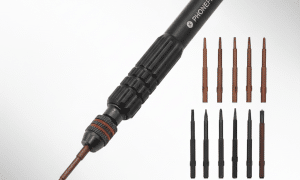 Professional 12-piece mobile phone screwdriver kit with interchangeable precision bits, presented on the Atlantis signature white and grey studio background