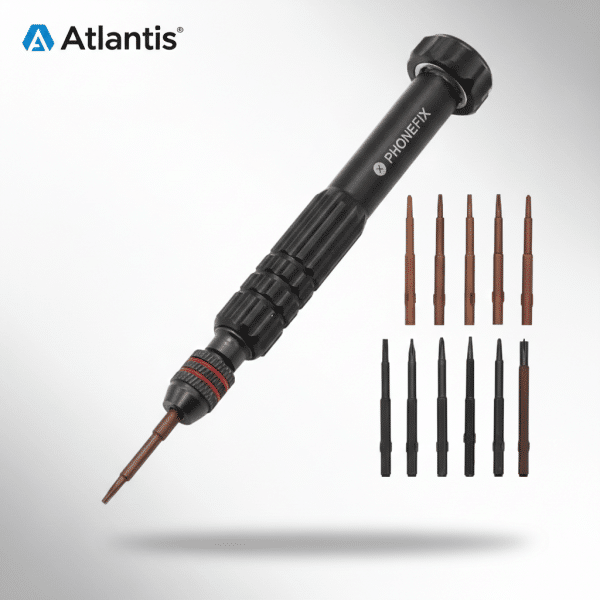 Professional 12-piece mobile phone screwdriver kit with interchangeable precision bits, presented on the Atlantis signature white and grey studio background