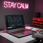 A technician testing an Acer Nitro gaming laptop after a fan repair in the pink-lit Atlantis workshop