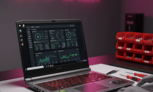 A technician testing an Acer Nitro gaming laptop after a fan repair in the pink-lit Atlantis workshop