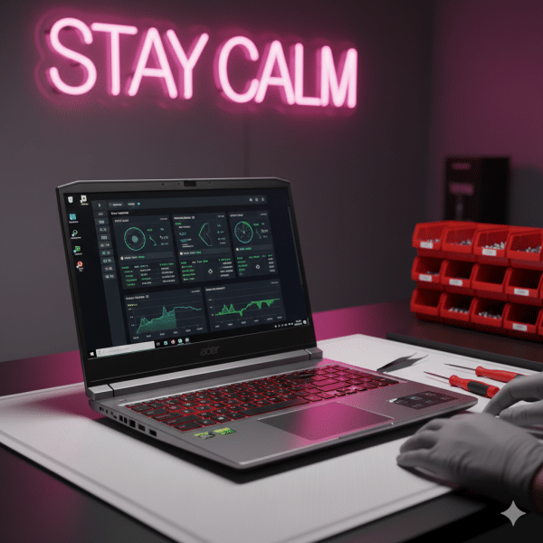 A technician testing an Acer Nitro gaming laptop after a fan repair in the pink-lit Atlantis workshop