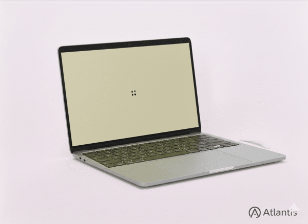 High-quality MacBook Air with a flawlessly restored screen on a clean white background, showcasing affordable Atlantis repair services.