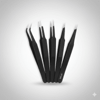 Professional 6-piece anti-static ESD electronic tweezer set for micro-soldering and precision phone repair, isolated on the Atlantis signature white and grey studio background