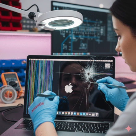 A female technician at Atlantis inspecting a cracked MacBook screen with colorful vertical lines using precision tools and a magnifying lamp.