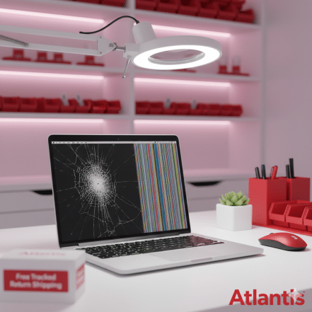 A MacBook with a cracked screen resting on a professional desk with soft pink lighting, red stationery, and the Atlantis brand logo.