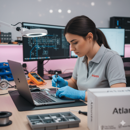 Professional technician in an Atlantis uniform repairing a MacBook laptop with precision tools and secure shipping packaging.