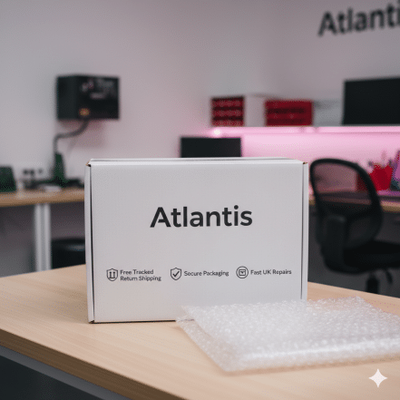 Atlantis branded white shipping box with bubble wrap on a wooden desk for secure mail-in laptop repair
