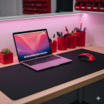 Professional laptop repair desk setup with black mat, red mouse, and boutique pink LED lighting.
