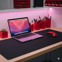 Professional laptop repair desk setup with black mat, red mouse, and boutique pink LED lighting.