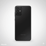 Professional rear-view diagnostic of the Samsung Galaxy A22 5G in black, highlighting the square triple-camera module and matte-finish back panel, isolated on the Atlantis signature white and grey studio background.