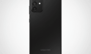 Professional rear-view diagnostic of the Samsung Galaxy A22 5G in black, highlighting the square triple-camera module and matte-finish back panel, isolated on the Atlantis signature white and grey studio background.
