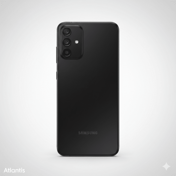 Professional rear-view diagnostic of the Samsung Galaxy A22 5G in black, highlighting the square triple-camera module and matte-finish back panel, isolated on the Atlantis signature white and grey studio background.
