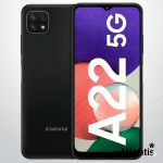 Professional diagnostic view of the Samsung Galaxy A22 showcasing the front display and rear camera housing, isolated on the Atlantis signature white and grey studio background.