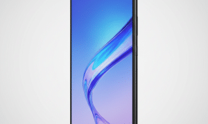 Professional front-view diagnostic of the Samsung Galaxy A22 5G showcasing a flawless genuine screen replacement, isolated on the Atlantis signature white and grey studio background with white branding.