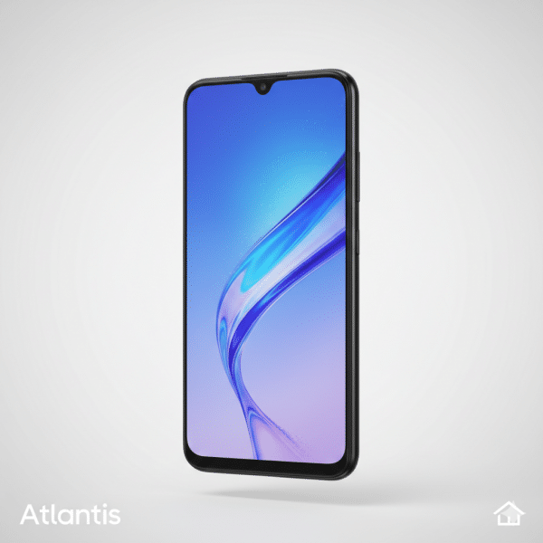 Professional front-view diagnostic of the Samsung Galaxy A22 5G showcasing a flawless genuine screen replacement, isolated on the Atlantis signature white and grey studio background with white branding.