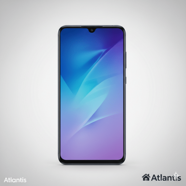 rofessional rear-view diagnostic of the Samsung Galaxy A71 in Prism Crush Silver/Mint, highlighting the L-shaped quad-camera system, isolated on the Atlantis signature white and grey studio background with white branding.
