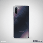 Professional rear-view diagnostic of the Samsung Galaxy A71 in Prism Crush Black, highlighting the L-shaped quad-camera system and geometric pattern, isolated on the Atlantis signature white and grey studio background.