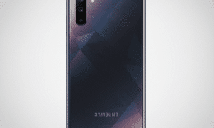Professional rear-view diagnostic of the Samsung Galaxy A71 in Prism Crush Black, highlighting the L-shaped quad-camera system and geometric pattern, isolated on the Atlantis signature white and grey studio background.