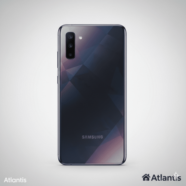 Professional rear-view diagnostic of the Samsung Galaxy A71 in Prism Crush Black, highlighting the L-shaped quad-camera system and geometric pattern, isolated on the Atlantis signature white and grey studio background.