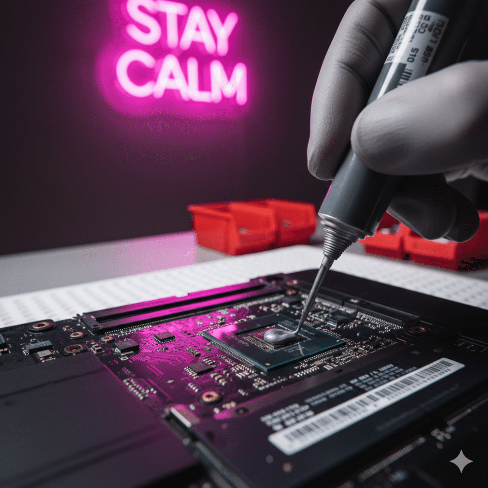 Technician applying premium thermal paste to an Acer laptop CPU in the Atlantis workshop.