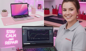Lead technician Atlantis holding a repaired Asus gaming laptop in the Canterbury workshop with pink neon branding.