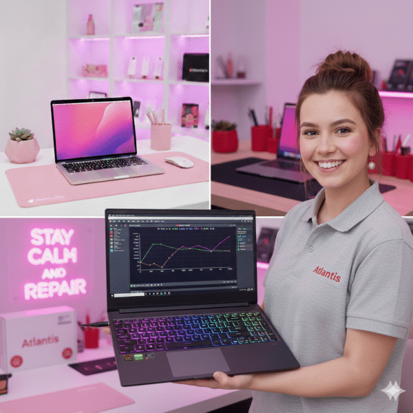 Lead technician Atlantis holding a repaired Asus gaming laptop in the Canterbury workshop with pink neon branding.
