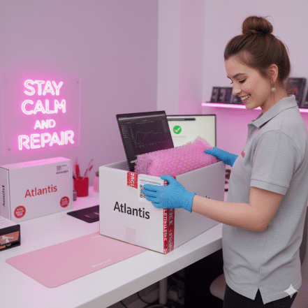 Lead technician Atlantis packing an Asus laptop into a branded shipping box with pink protective wrap in the Canterbury workshop.