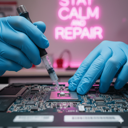 Lead technician Atlantis applying premium thermal paste to an Asus laptop CPU in the Canterbury workshop