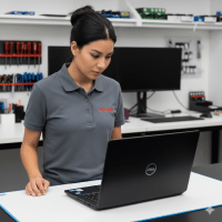 Lead technician Atlantis standing at a workbench with a closed, upside-down Dell laptop ready for a fan replacement.