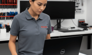 Lead technician Atlantis standing at a workbench with a closed, upside-down Dell laptop ready for a fan replacement.