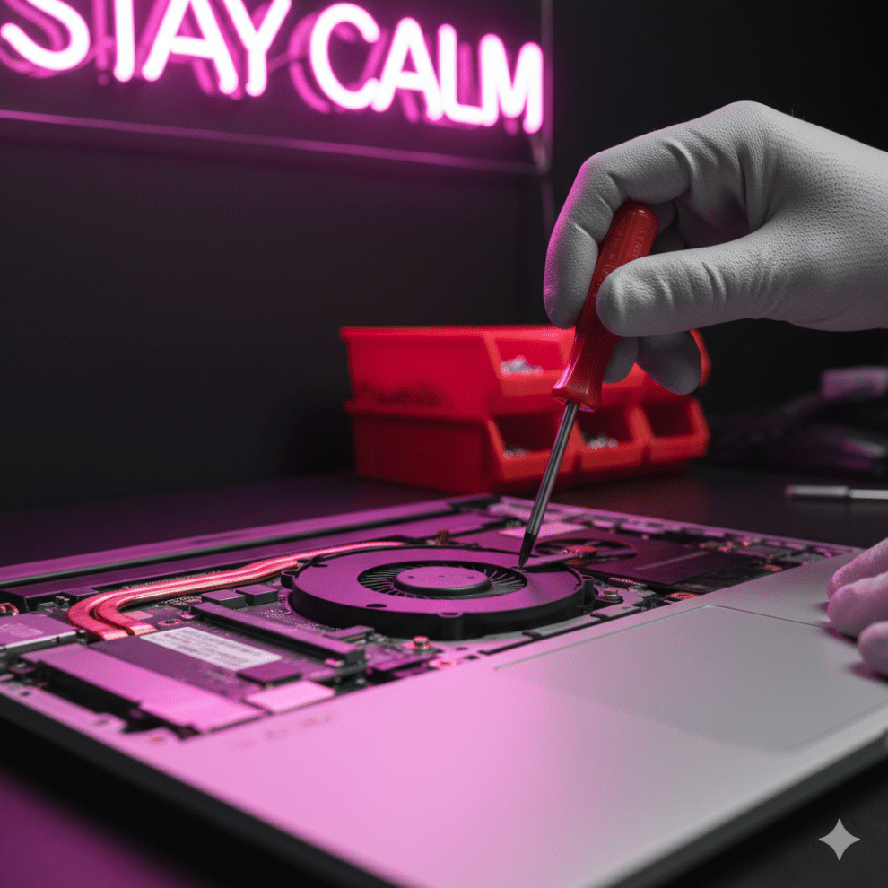 Close-up of a technician replacing an Acer laptop cooling fan with a red screwdriver at Atlantis