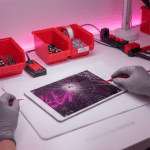 A cracked iPad Air 1 glass screen being inspected on a white workbench in the pink-lit Atlantis lab.