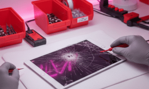A cracked iPad Air 1 glass screen being inspected on a white workbench in the pink-lit Atlantis lab.
