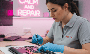 Lead technician Atlantis replacing a Lenovo Legion gaming laptop fan in the Canterbury workshop.