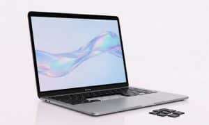 Professional view of a MacBook Air undergoing keyboard repair, showing several missing keycaps and replacement keys arranged on the Atlantis signature white studio background.