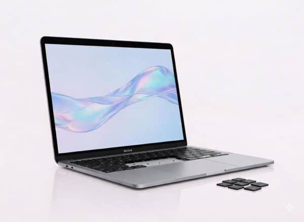 Professional view of a MacBook Air undergoing keyboard repair, showing several missing keycaps and replacement keys arranged on the Atlantis signature white studio background.